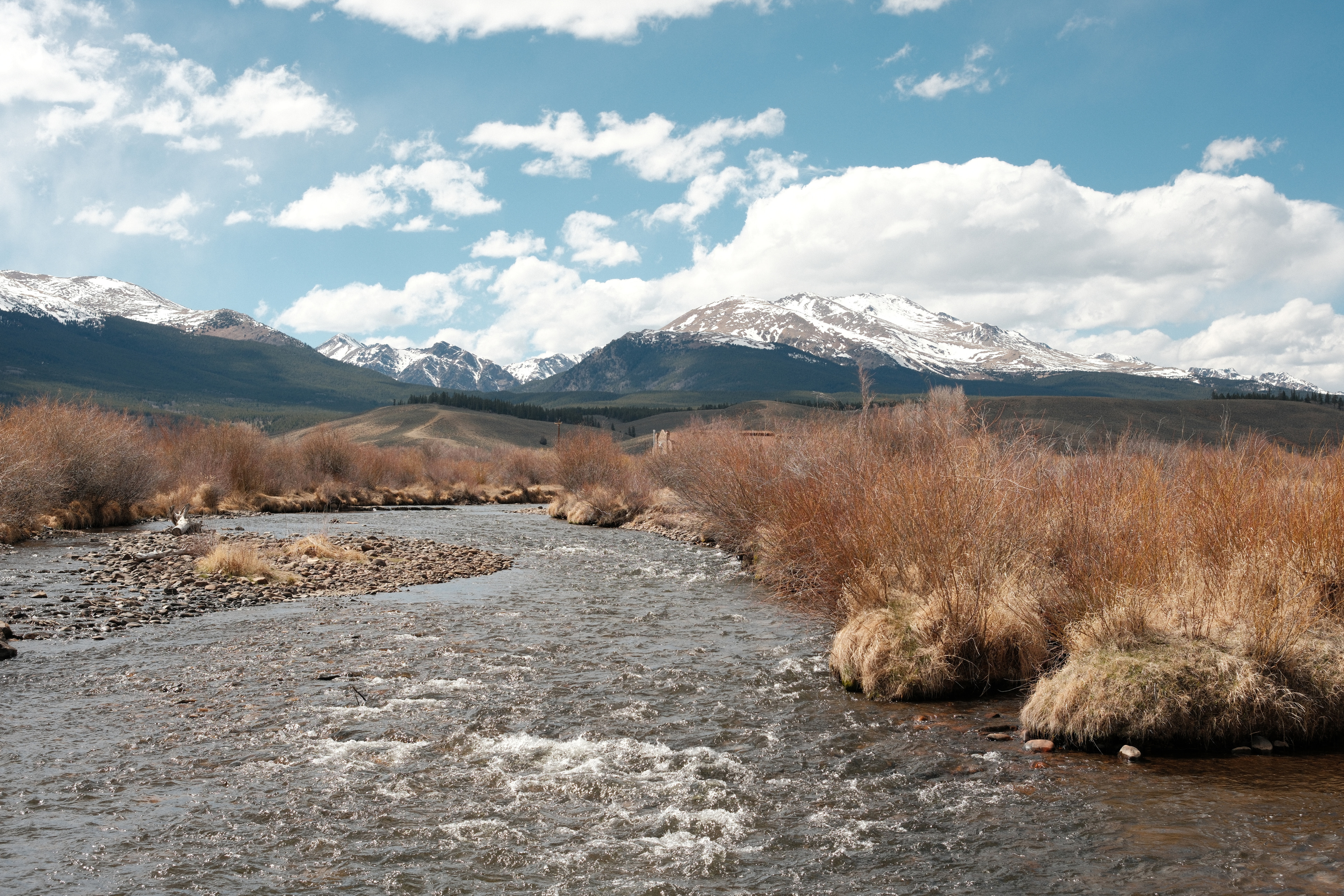 A river running through golden willows toward snow-capped peaks under a bright spring sky
