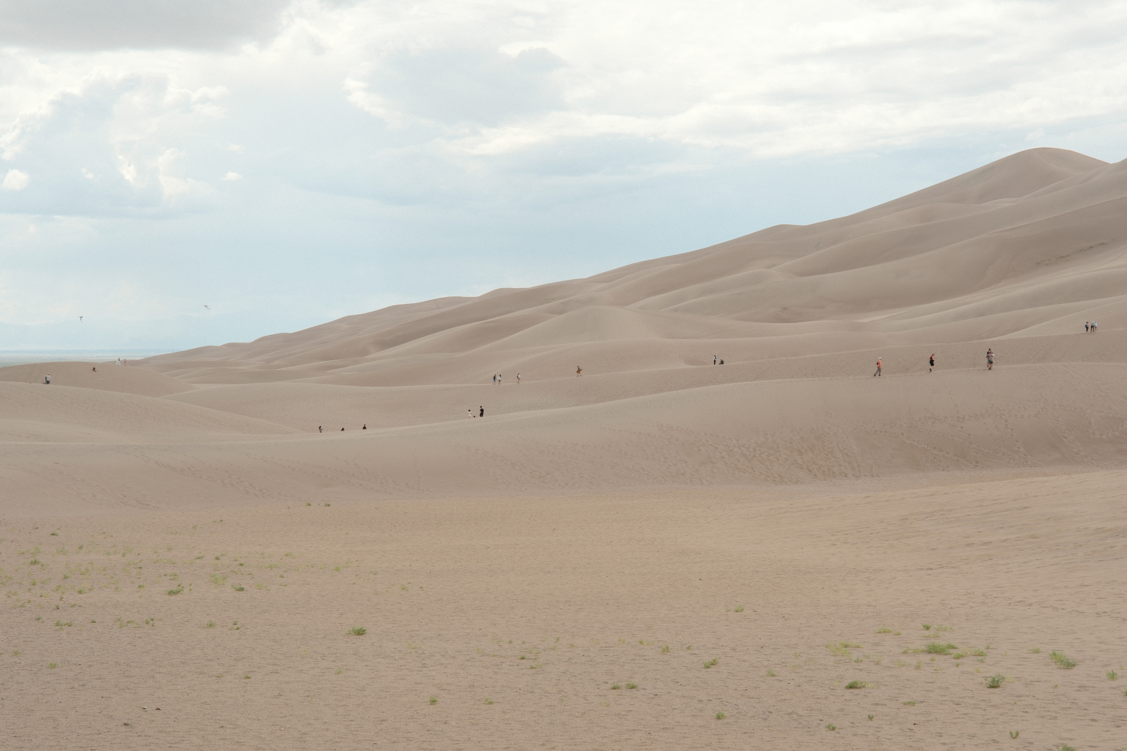 Small figures walking along the ridgelines of the sand dunes under a hazy overcast sky, with sparse grass in the foreground