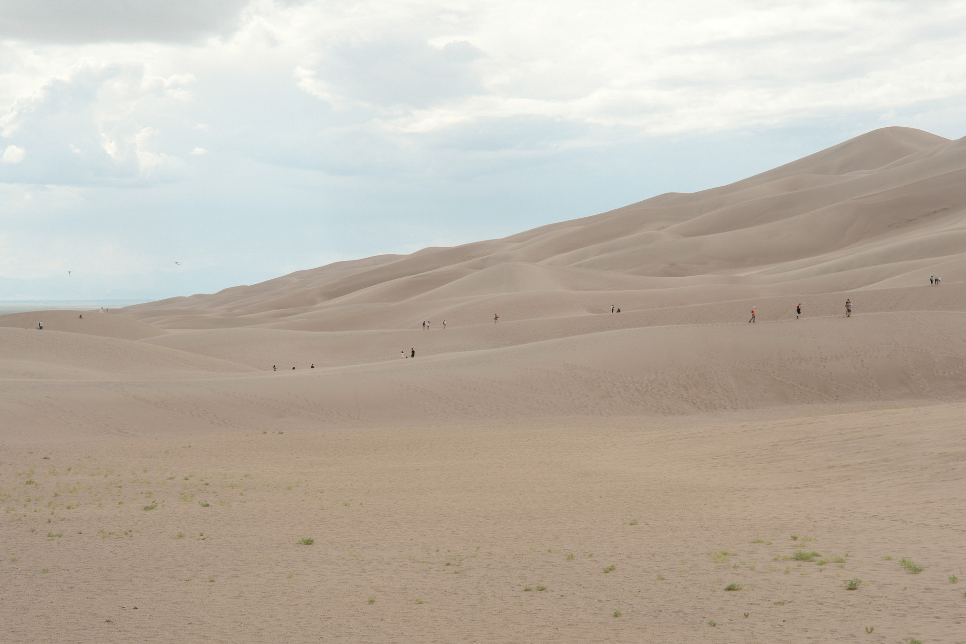 Small figures walking along the ridgelines of the sand dunes under a hazy overcast sky, with sparse grass in the foreground